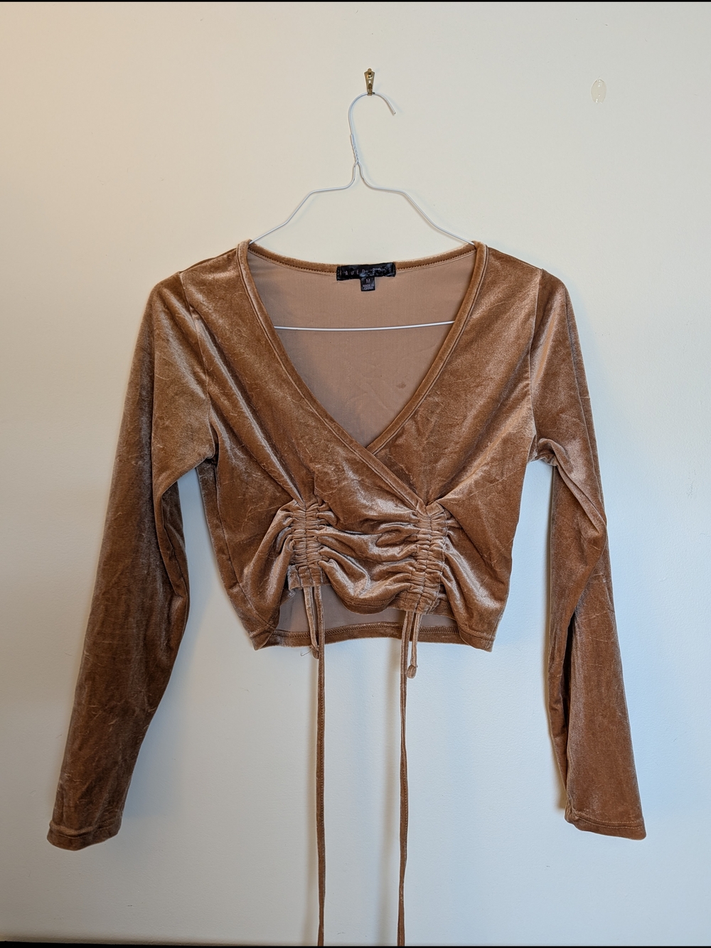 Velvet Drawstring Wrap Crop Top - Brown / Gold
